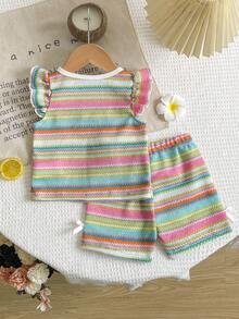 SHEIN Baby Girl Striped Print Ruffle Trim Floral Decor T-Shirt And Shorts Casual Outfit - Multicolor - View 2