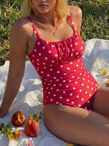 Swim Vcay Plus Size Women 2pcs Random Polka Dot Print Casual Tank Style Swimsuit - Red - View 3