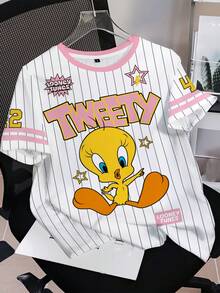 LOONEY TUNES X SHEIN 女士休闲运动时尚街头日常通勤趣味卡通字母条纹印花短袖T恤，夏季 - 白色 - 查看 3