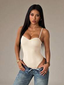 SHEIN PETITE Women's Solid Color Sexy Fashion Camisole Bodysuit ,Petite Women - Apricot - View 1