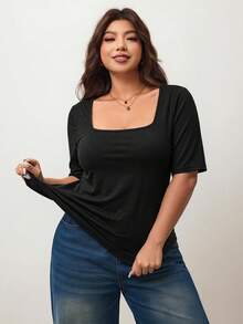 Enliva Áo thun nữ size lớn ôm sát cổ vuông tay ngắn có đệm ngực, độ đàn hồi cao, chất liệu thân thiện với da, mặc mùa xuân/hè, phù hợp cho dáng người đầy đặn, dáng người quả táo/2026/Mới/Có đệm ngực - màu đen - Xem 4
