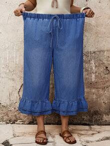 EMERY ROSE EMERY ROSE Pantalones Capri para Mujer Talla Grande con Cintura con Cordón y Dobladillo Fruncido - Azul lavado medio - Ver 3
