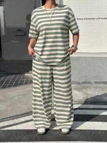 Muchica 大尺碼女款條紋圓領短袖T恤與長褲休閒套裝 - 綠色 - 查看 6