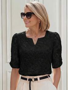 Medorina Middle-Aged And Elderly Women's Jacquard Notch V-Neck Short Sleeve Blouse - Black - View 3