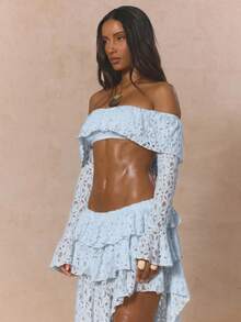 MUSERA 蕾絲露肩荷葉邊荷葉袖上衣 套裝上衣僅限上衣 可愛春季度假女孩風甜美鹽系 - 淺藍色 - 查看 3