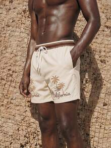 Palasendo Pantalones cortos de playa para hombre con estampado de cocoteros y letras, con cordón en la cintura, para el verano - Albaricoque - View 3