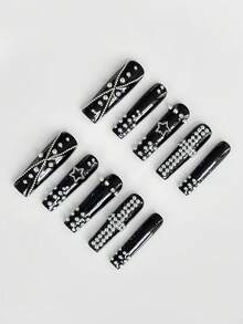 ROMWE Goth 10件裝龐克風鉚釘美甲飾品，高品質手工美甲，金屬鏈條十字造型超長棺材型假指甲 - 鏈條十字 - 查看 3