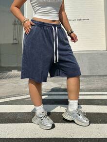 Muchica Plus Size Summer Casual Sports Shorts With Drawstring Waist And Slant Pockets - Blue - View 6