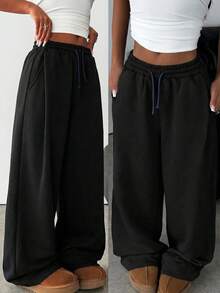 Girlism Celana Sweatpants Rajut Abu-abu Muda Longgar Kasual Serbaguna dengan Tali Serut dan Kantong, Potongan Lebar untuk Remaja Perempuan - Hitam - View 3