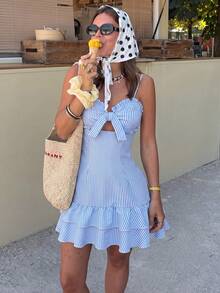 Flora Isola Flora Isola Women's Small Size Blue & White Striped Sleeveless Dress With Ruffle Hem, Bow Tie Design, Double Layer Flounce Hem, Bohemian Vacation Style, Suitable For Spring/Summer Daily Wear - Blue and White - View 4