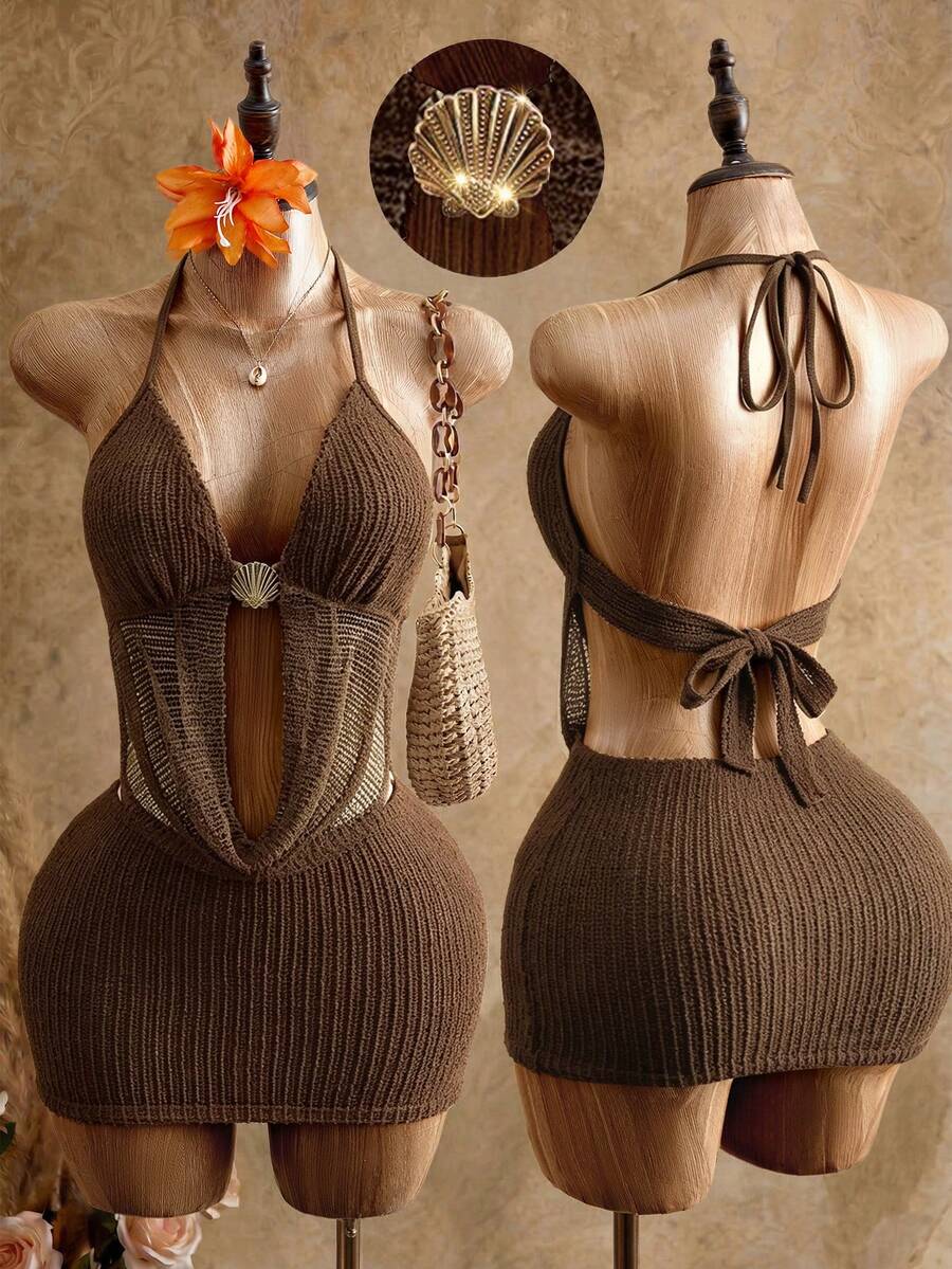 Mistrie 女款度假金屬貝殼裝飾露肩掛脖性感洋裝