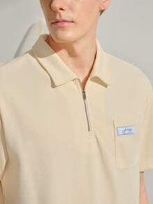 白色男士字母刺繡短袖休閒拉鍊 Polo 衫，高爾夫男款，純棉柔軟拉鍊設計，老錢風夏季度假風格禮物 - 白色 - 查看 7
