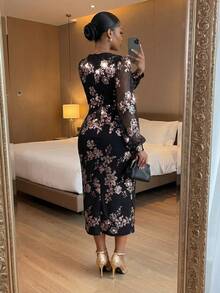 SHEIN Lady CURVE 大码女式束腰长袖连衣裙，优雅适合派对和聚会 - 黑色 - 查看 3