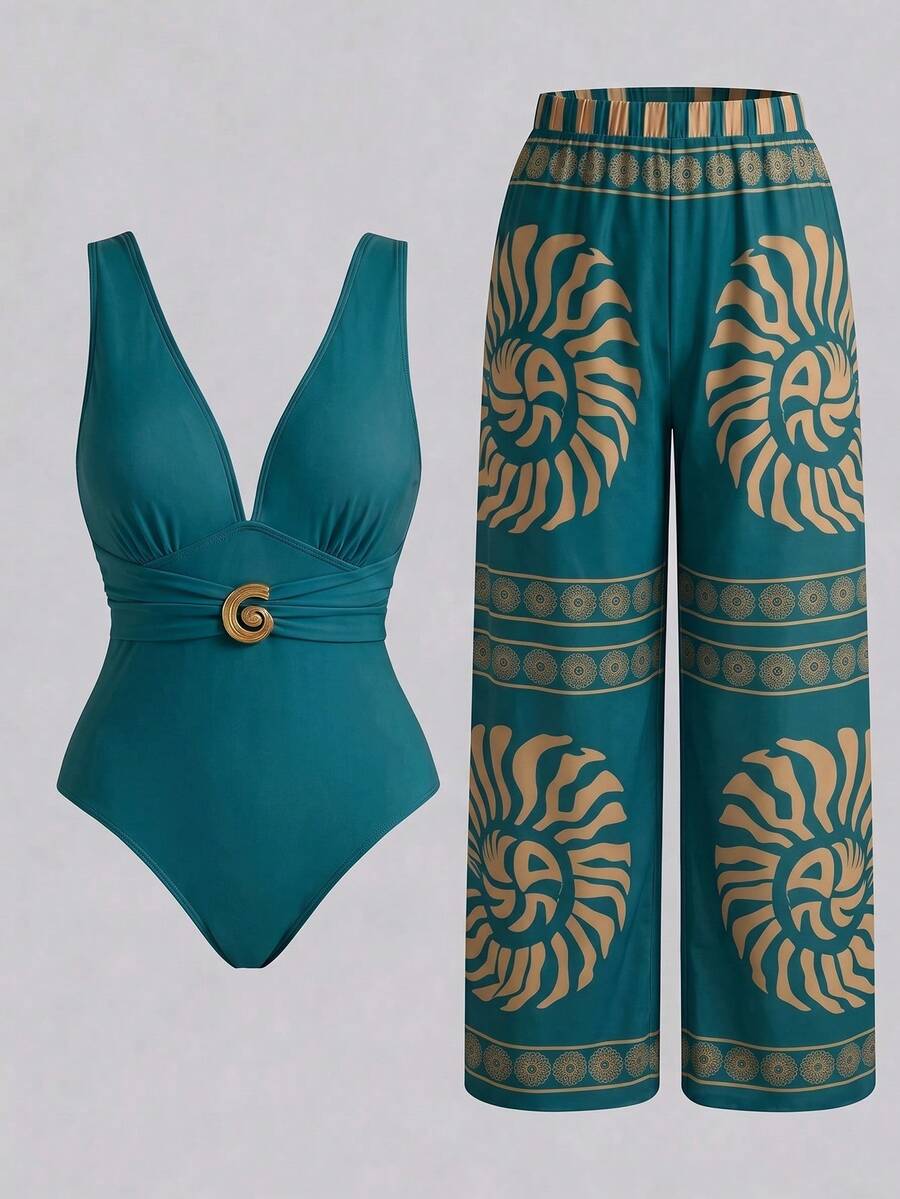 Swim Oasis 新款大尺碼女款收腹顯瘦性感V領網紗連身泳衣與長褲兩件式泳裝套裝 - 霧霾藍 - 查看 1