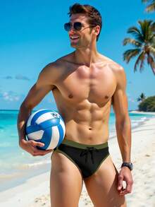 Manfinity Swimmode 男士對比飾邊抽繩三角泳褲 - 黑色 - 查看 4