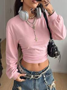 Coolane Women's Fall Back To School Basic Solid Color Pleated Asymmetrical Neck Long Sleeve Pink Sweatshirt - Pink - View 3