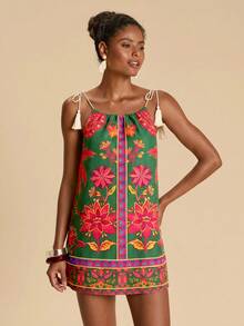 Travachic Women's Floral Print Shoulder Tassel Knot Strap Cover-Up Dress - Multicolor - View 4