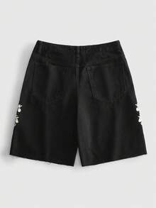 ROMWE MEN Men's Floral Embroidered Pattern Loose Denim Shorts - Black - View 3
