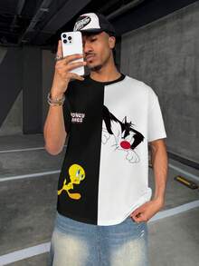 LOONEY TUNES X SHEIN Men's Colorblock Cartoon Print Round Neck Short Sleeve T-Shirt, All-Over Print - White - View 5