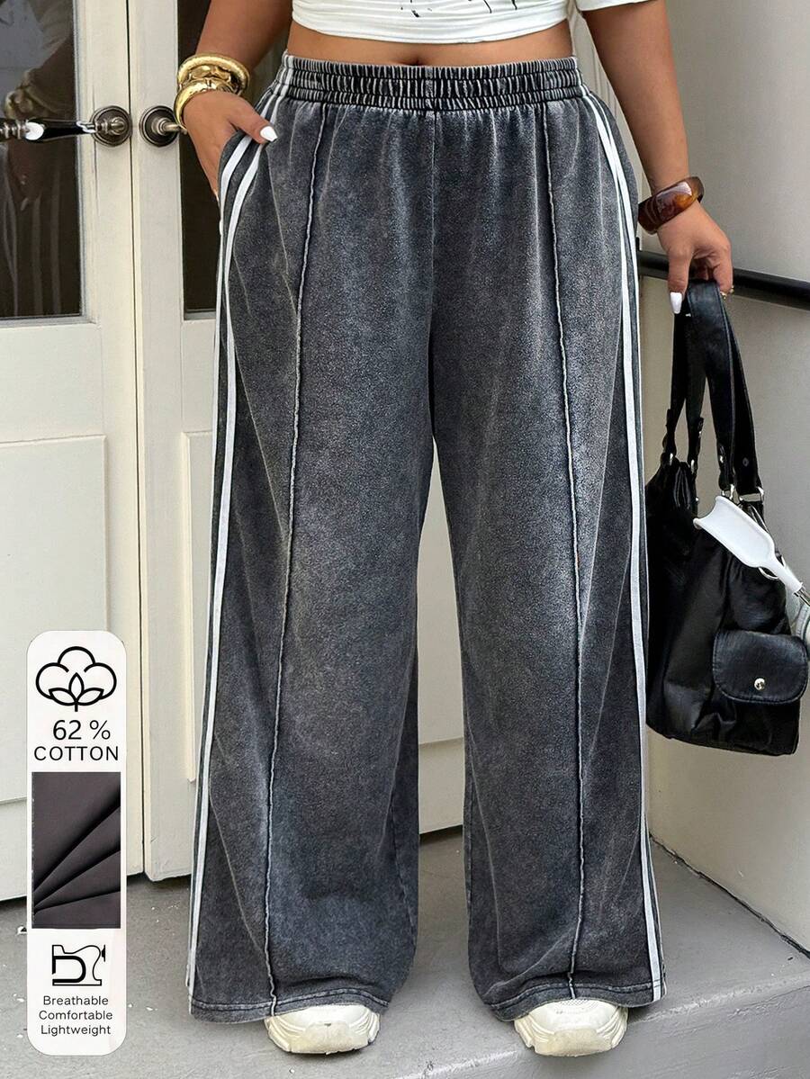 Muchica Plus Size Casual Sports Patchwork Striped Elastic Waist Sweatpants - Dark Grey - View 1