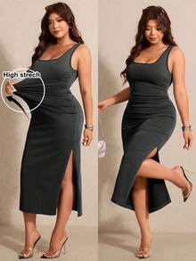 Elaquor Plus Size Women's Square Neck Side Slit Hem Fitted Sleeveless Denim Dress - Black - View 2