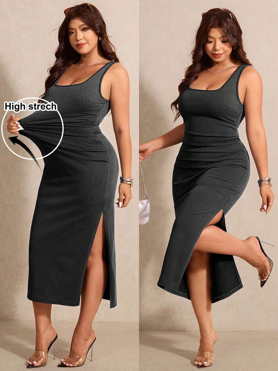 Elaquor Plus Size Women's Square Neck Side Slit Hem Fitted Sleeveless Denim Dress