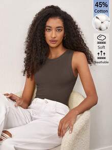 SHEIN BASICS 女款素色圓領螺紋休閒百搭背心上衣 - 灰色 - 查看 9