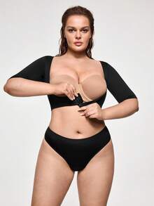 SHAPORA Top bustier de manga corta con efecto moldeador de unicolor para mujer de talla grande - Negro - Ver 7