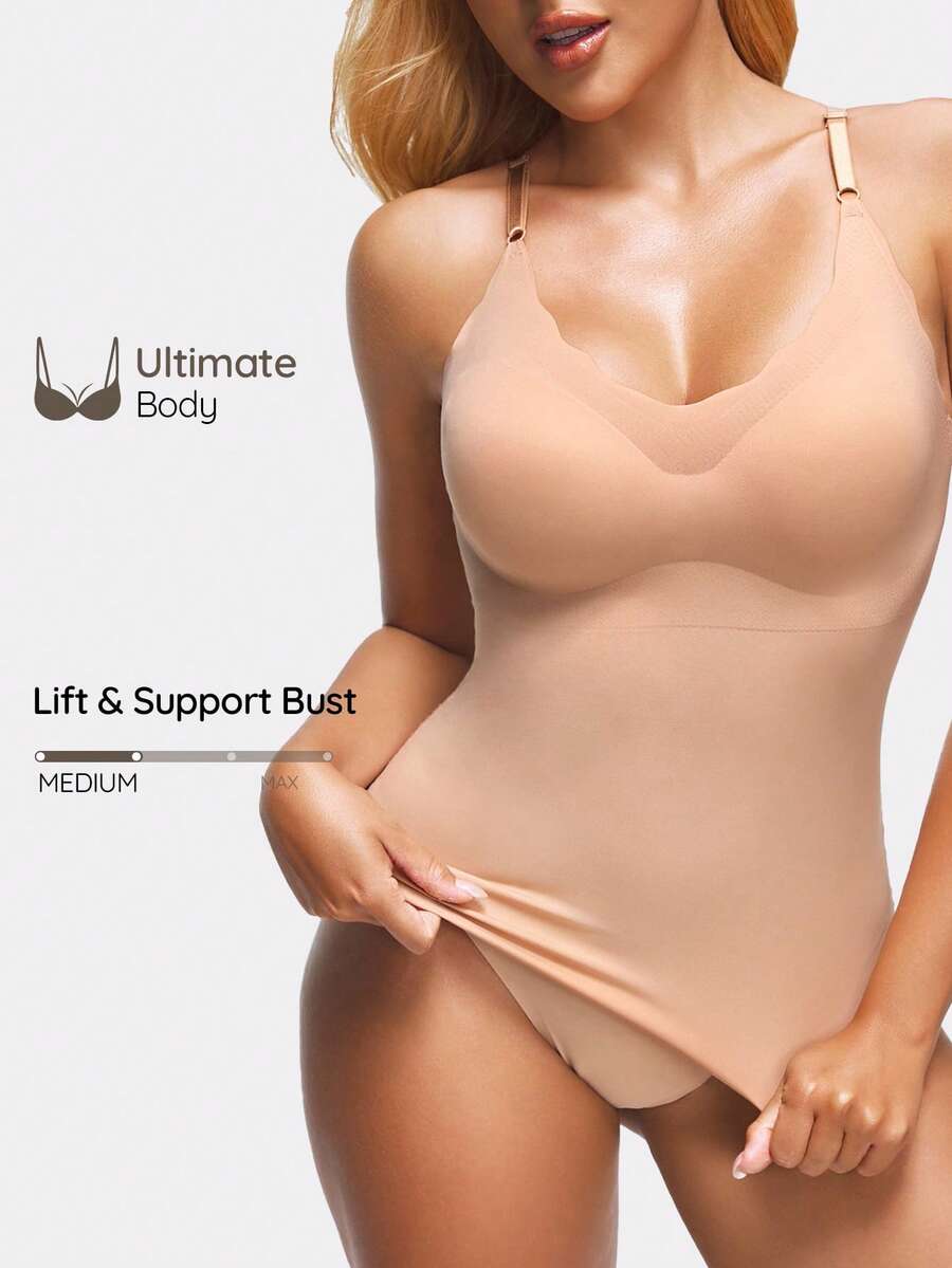 SHEIN Top ajustado de mujer con borde de concha de unicolor, para hacer ejercicio - Café integral - Ver 1