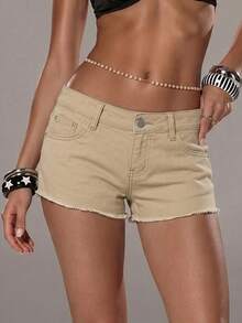 TRNVIE Modische lässige Hot Girl Style Denim Shorts mit ausgefranstem Saum und niedriger Taille - Khaki - Übersicht 2