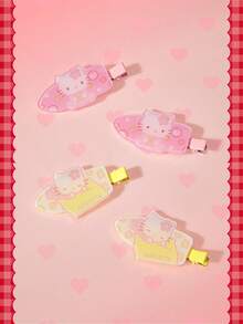HELLO KITTY AND FRIENDS | SHEIN 4件組 Sanrio 可愛女孩甜美風小貓無縫髮夾 側戴居家款 - 彩色 - 查看 2