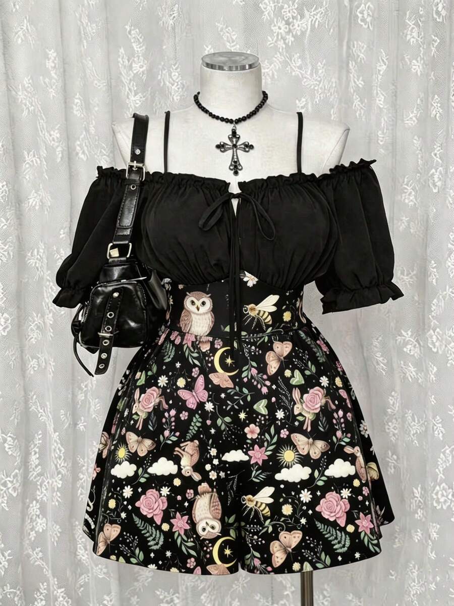 Sunspun Plus Size Women's Dark Style Off-Shoulder Short Sleeve Patchwork Butterfly & Owl Print Fashion Jumpsuit - Multicolor - View 1