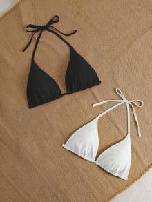 Swim Mod Plus Size Women Solid Color Halter Neck Tie Bikini Top 2pcs Set Suitable For Summer Vacation Beach - Black and White - View 5