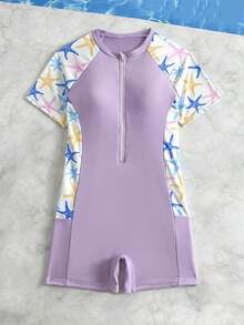 SHEIN 青少年女孩海星印花短袖連身泳衣，適合海灘度假、泳池派對、海灘派對 - 彩色 - 查看 4