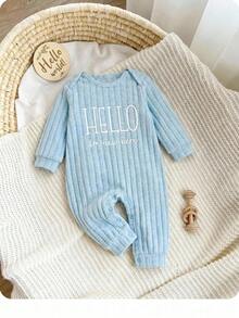 SHEIN Bộ đồ liền thân dệt kim gân họa tiết slogan cho bé trai - Màu xanh lam - Xem 2