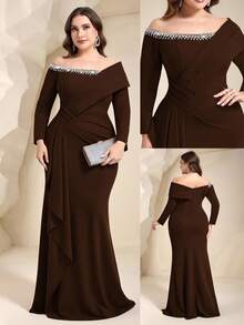 Coutiva Vestido de noche formal de talla grande (muy enjoyado) - Marrón - Ver 1