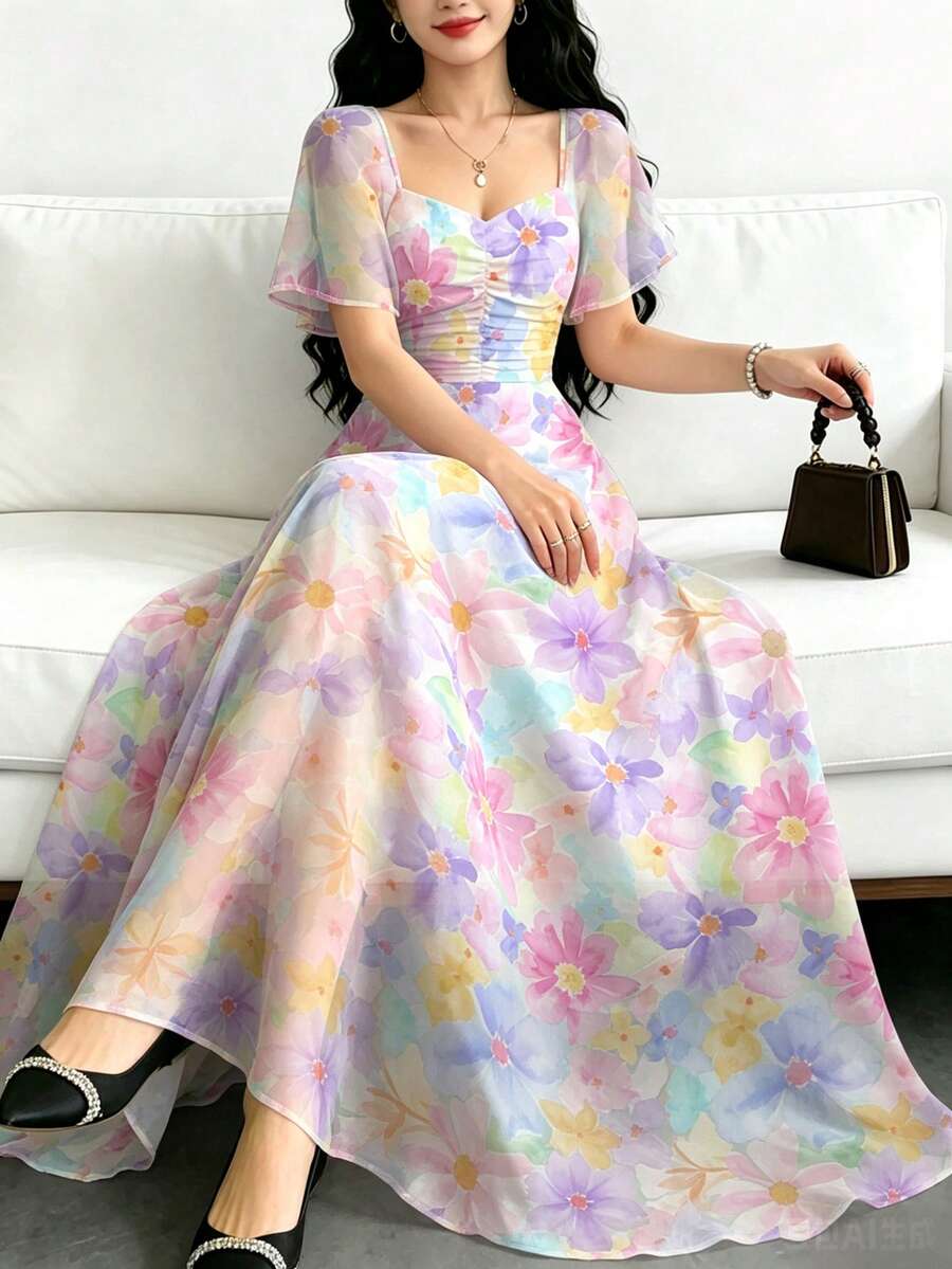 Modelyn 彩色花卉印花女款優雅法式長洋裝,時尚方領壓褶小荷葉袖設計女裝,夏季收腰長款優雅洋裝,適合夏季度假與日常穿著 - 彩色 - 查看 1