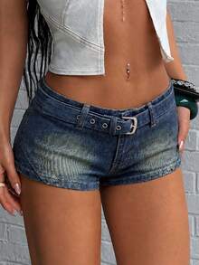 Jeanoix Y2K Women's Waist Corn Buckle Design Casual Denim Shorts - Dark Wash - View 4