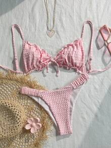 Swim Mod Bộ bikini 2 mảnh màu hồng phối ren xếp tầng thắt nơ phía trước dễ thương ngọt ngào thời trang năng động dự tiệc cho kỳ nghỉ hè trên bãi biển - Hồng - Xem 2