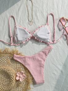 Swim Mod Bộ bikini 2 mảnh màu hồng phối ren xếp tầng thắt nơ phía trước dễ thương ngọt ngào thời trang năng động dự tiệc cho kỳ nghỉ hè trên bãi biển - Hồng - Xem 7