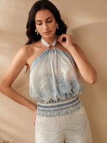 Anewsta Summer New Shell Pattern Waist Tie Halter Neck Casual Tropical Vacation Top For Women Beach Vacation Blue - Blue - View 3