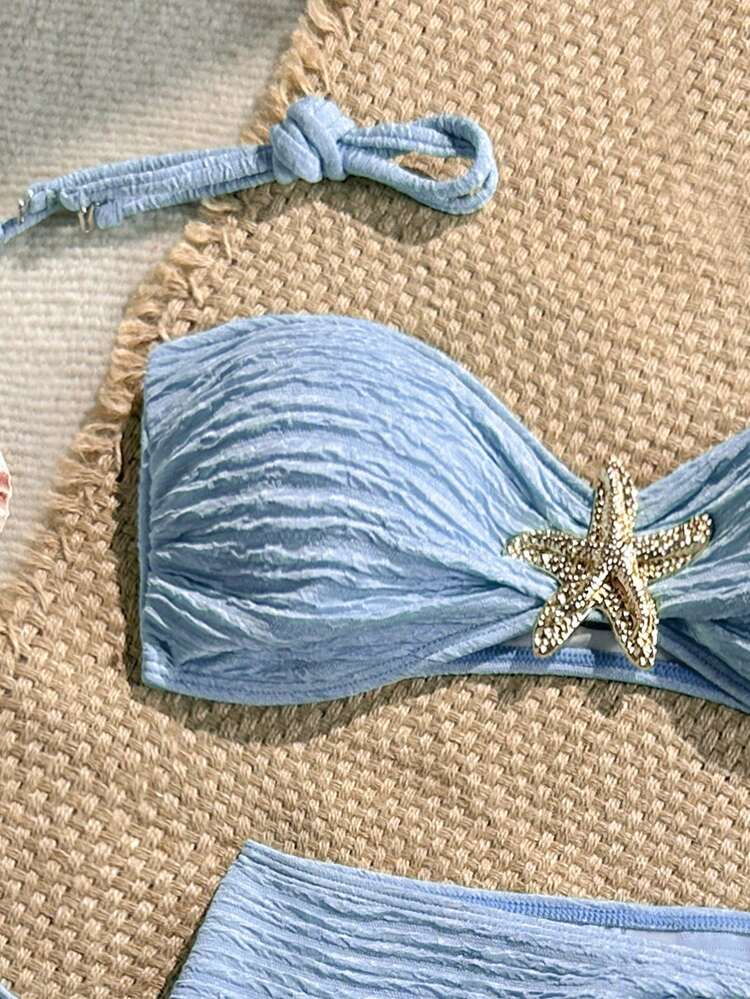 Soleia 3pcs Vacation Beach Textured Fabric Metal Starfish Decor Ruched Bandeau Top, Bikini Bottoms And Cover-Up Skirt Set - Baby Blue - View 4