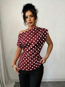 SHEIN Elenzya 白色波點不對稱單肩露肩無袖女式襯衫，優雅復古通勤辦公室外出夏季上衣 - 酒紅色 - 查看 5
