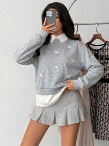 SHEIN 青少年女孩襯衫領拼接拼接裝飾蝴蝶結套頭長袖鬆緊衛衣 秋冬款 - 灰色 - 查看 4