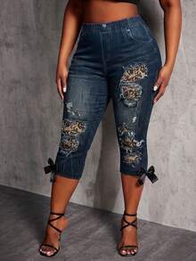 SHEIN SXY Women's Textured Print Leggings, Suitable For Music Festivals, Bow Decor Plus Size Leggings - Black - View 5