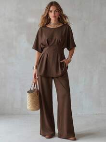 Livesso Summer Loose Business Casual Vacation Office Travel Wear Cinched Waist Pleated Pullover Shirt Straight Leg Long Pants Women's 2 Pieces Set Dark Brown - Brown - View 3