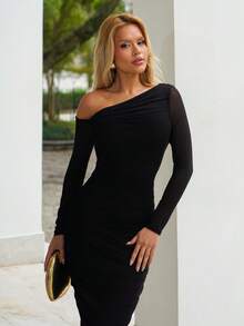 Sandy Gomes Women Elegant Ruched Mesh Party Evening Midi Dress With Long Sleeves, Slim Fit, For Autumn Black - Black - View 3