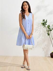 SHEIN Women's Plaid Single-Breasted Comfortable Maternity Dress With Simple Elegant Neckline And Sleeveless Design - Blue and White - View 6
