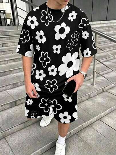 Conjunto de 2 piezas para adolescentes primavera/verano estilo callejero minimalista con estampado floral blanco & negro, camiseta de cuello redondo de manga corta + pantalones cortos de pierna recta, uso versátil diario