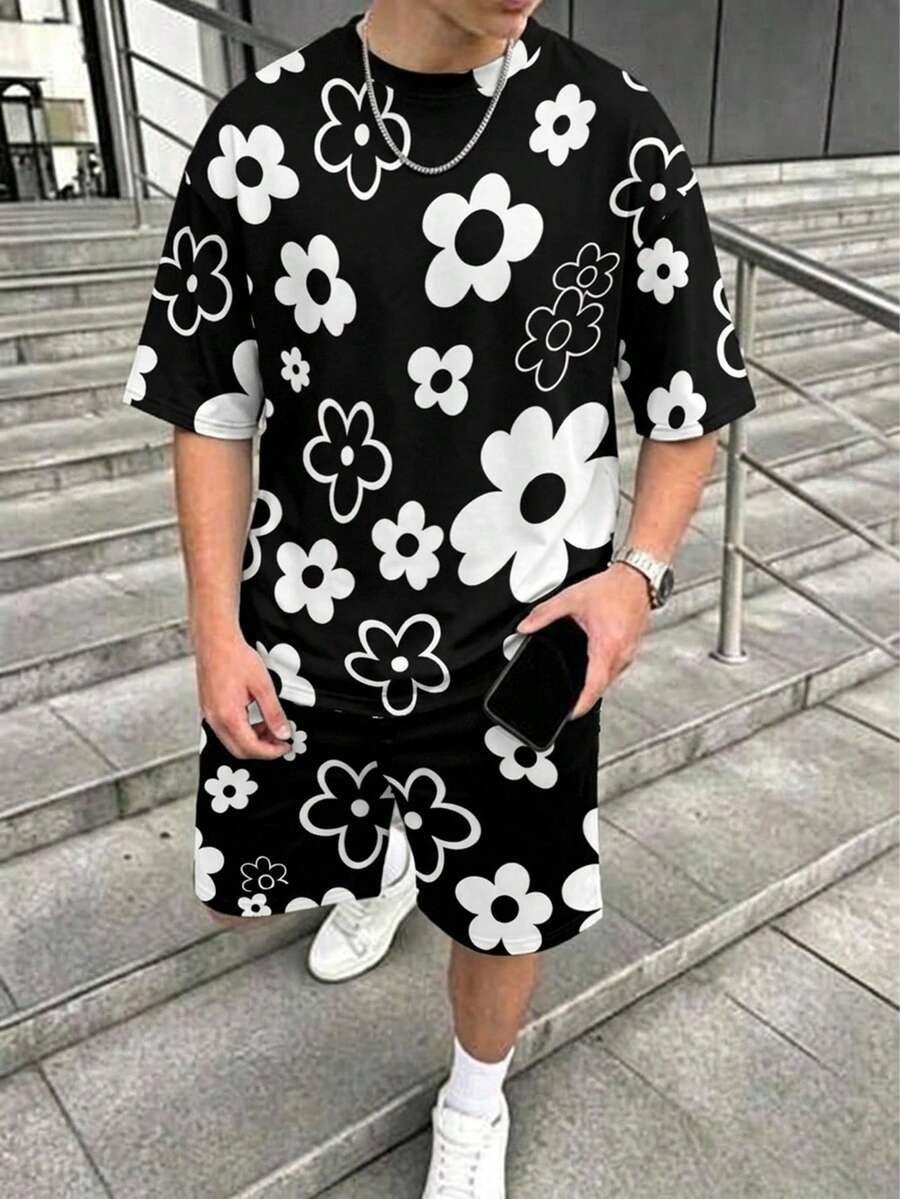 2件組青少年春夏街頭風簡約黑白花卉印花套裝，男款圓領短袖T恤 + 直筒短褲，百搭日常穿搭 - 彩色 - 查看 1